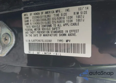 2014 Honda Crosstour Ex-L V6 из США, поврежденный, VIN 5J6TF2H57EL002061